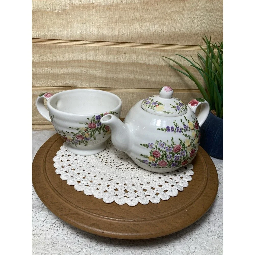 Floral Teapot  & Teacup Set Hand Painted Cottage Shabby Chic Ceramic Cottagecore